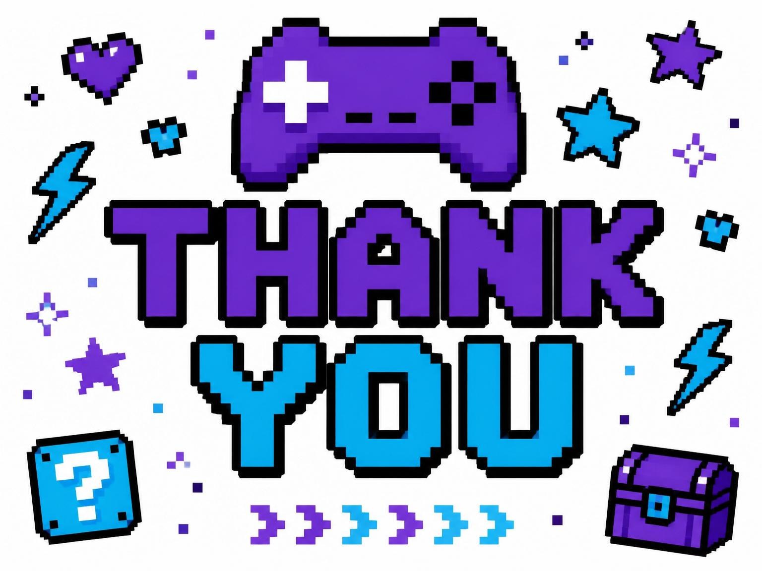 The matching thank-you card for the Purple Cyan Pixel Arcade 8th Birthday invitation