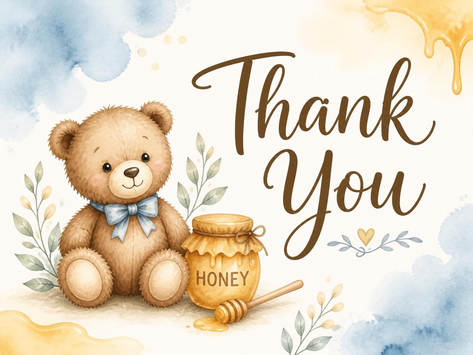 The matching thank-you card for the Watercolor Teddy Bear 1st Birthday invitation