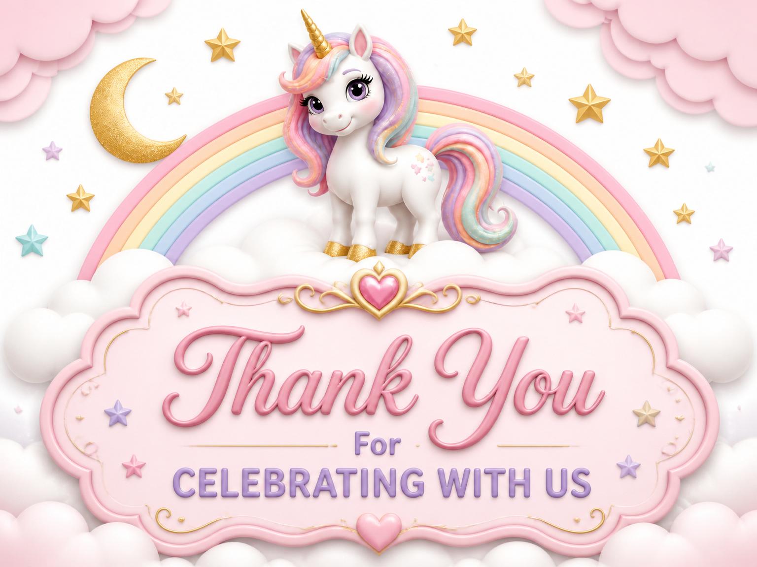 The matching thank-you card for the Magical Rainbow Unicorn 7th Birthday Celebration invitation