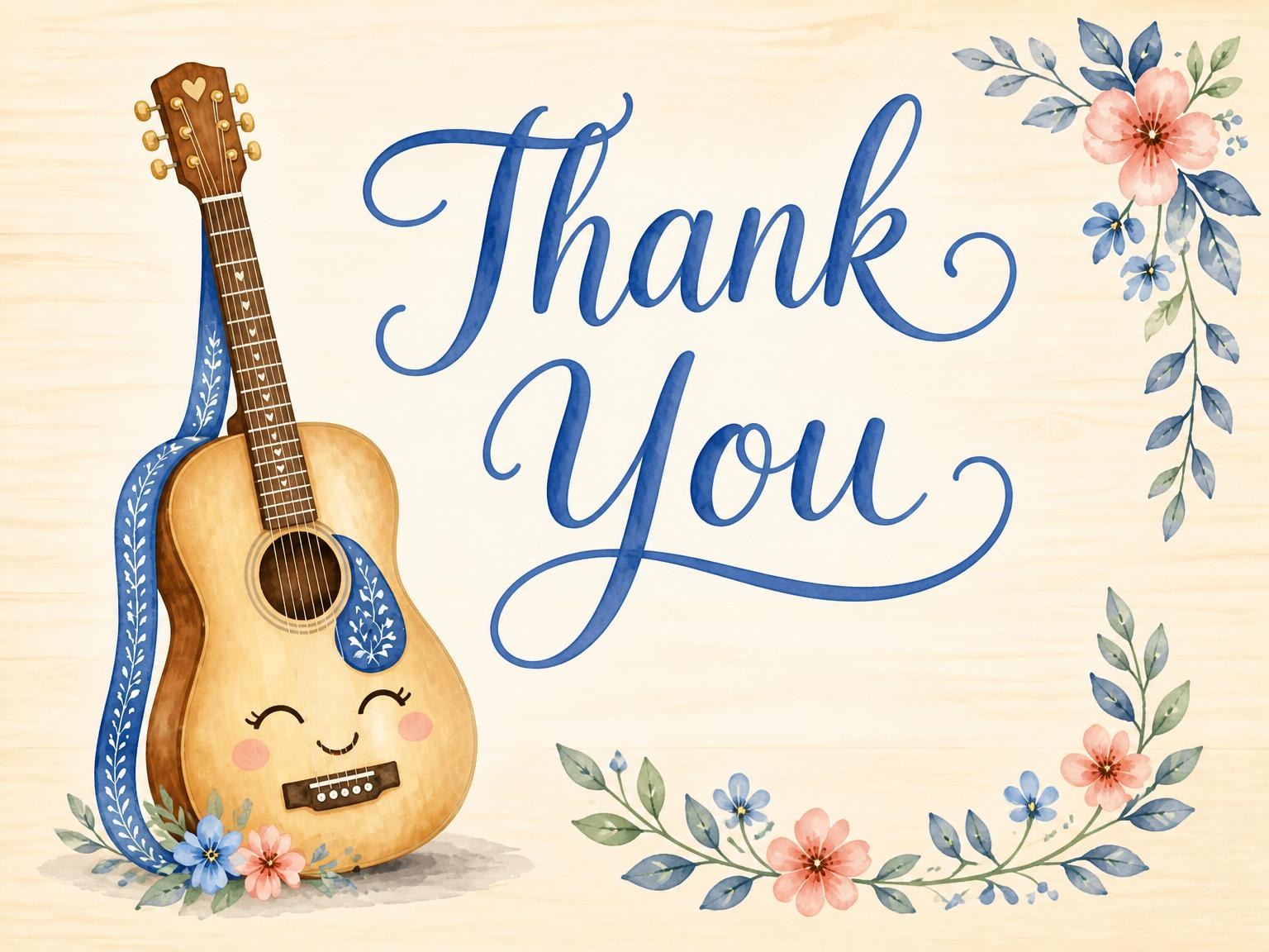 The matching thank-you card for the Watercolor Acoustic Guitar 5th Birthday invitation