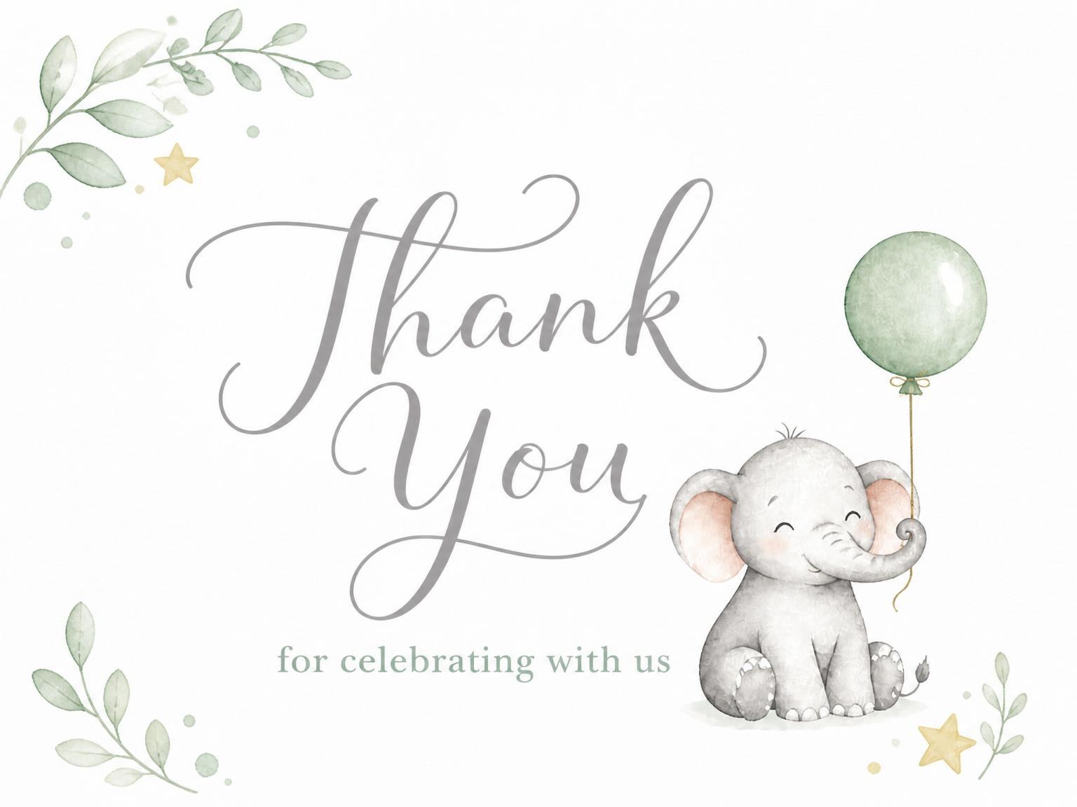 The matching thank-you card for the Sage Watercolor Elephant 1st Birthday invitation