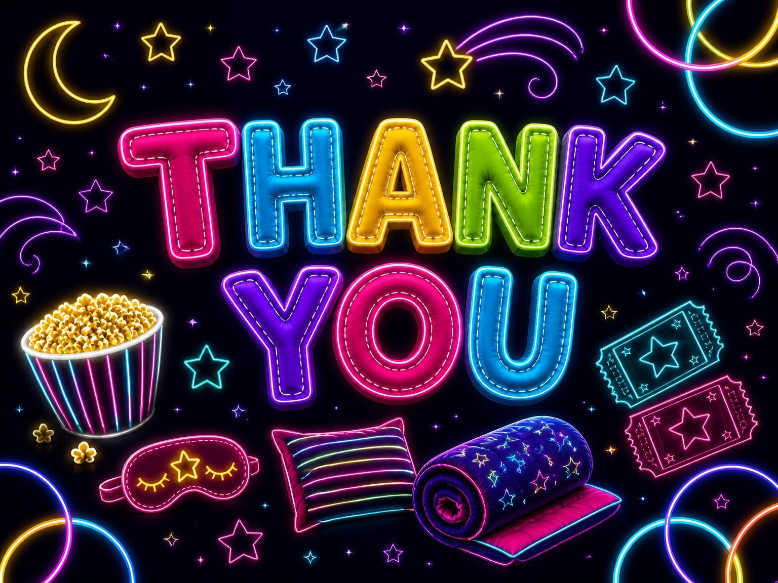 The matching thank-you card for the Neon Pajama 10th Birthday Invitation invitation