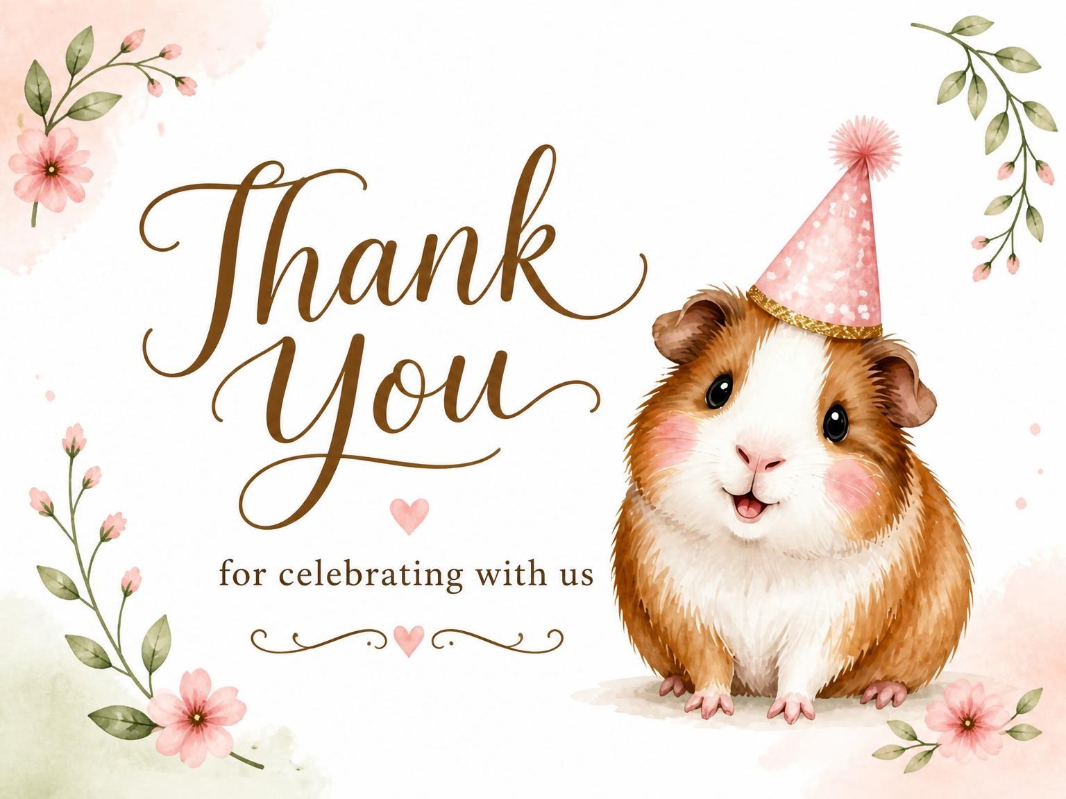 The matching thank-you card for the Watercolor Guinea Pig 1st Birthday invitation