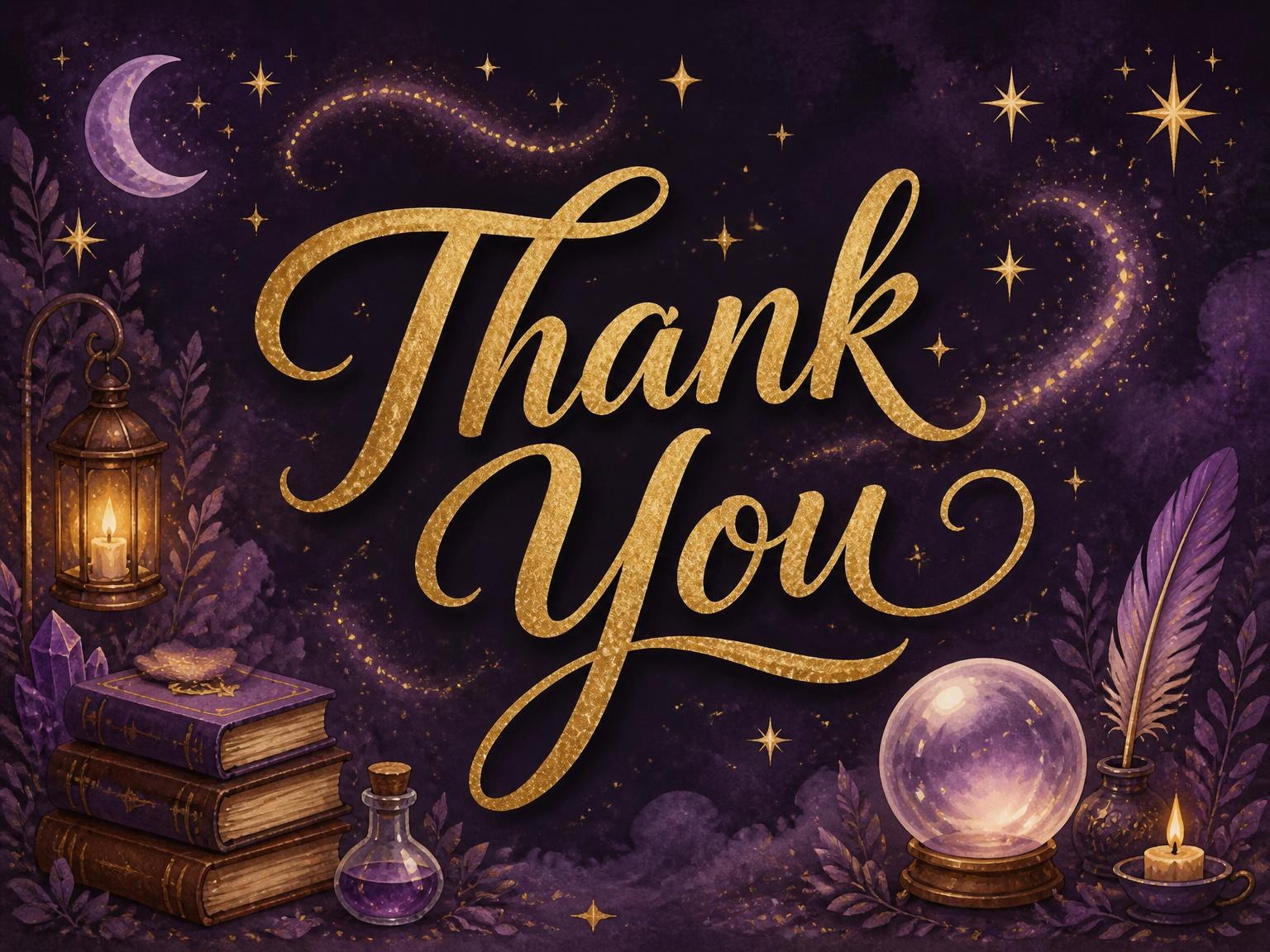 The matching thank-you card for the Deep Purple Wizard 7th Birthday Invitation invitation