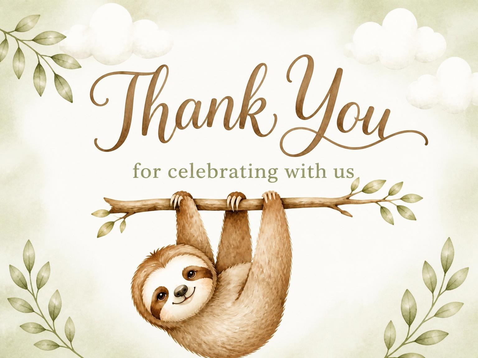 The matching thank-you card for the Watercolor Sloth Jungle 3rd Birthday Invitation invitation