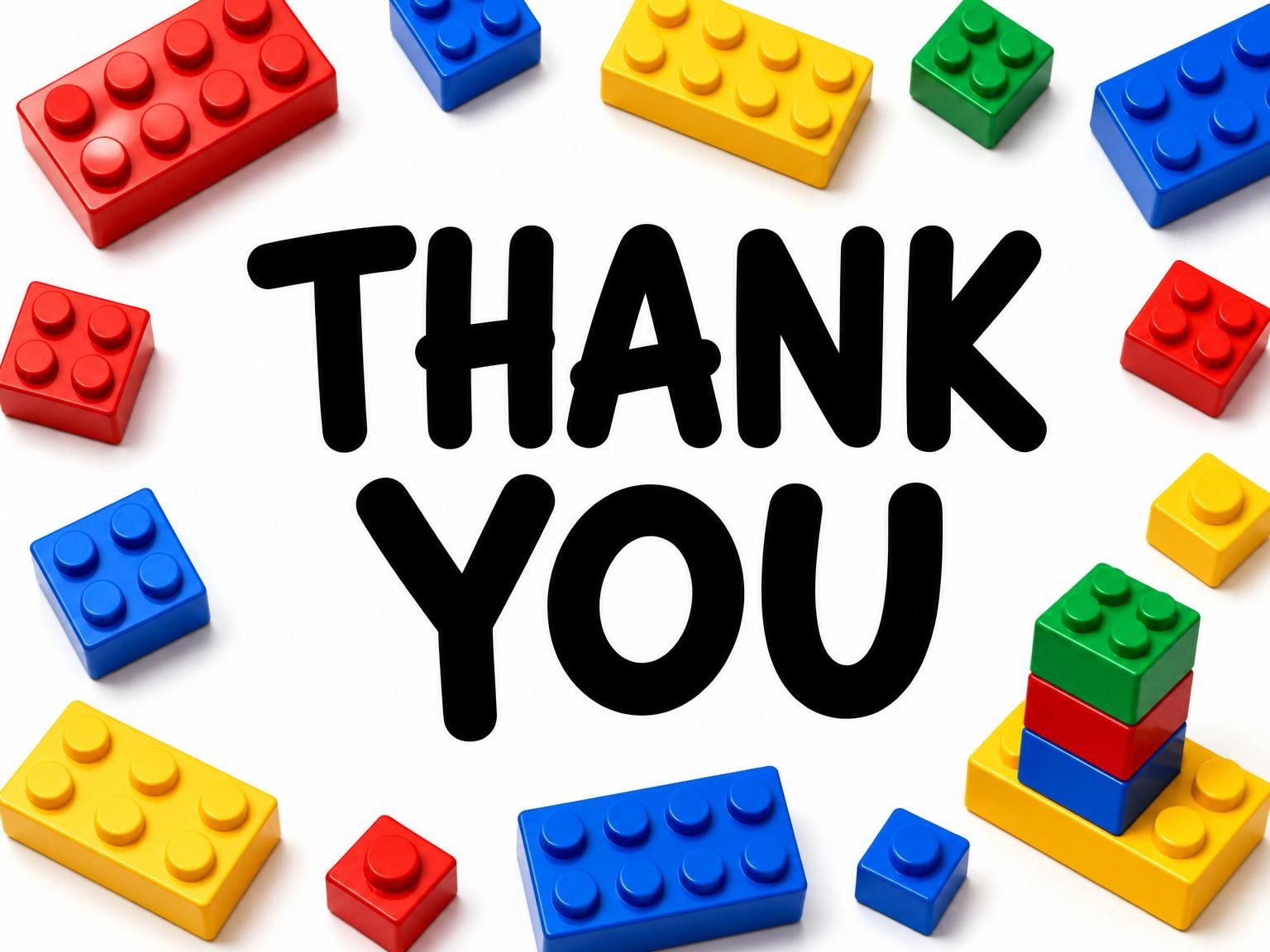 The matching thank-you card for the Primary Color Toy Brick 3rd Birthday invitation