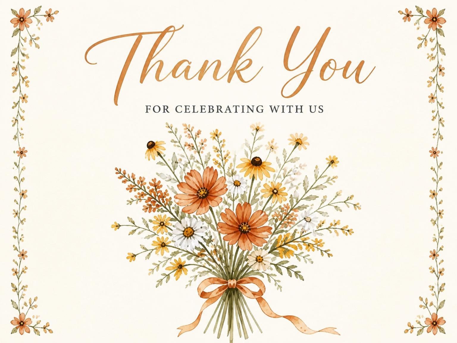 The matching thank-you card for the Autumnal Watercolor Wildflower Bridal Luncheon invitation
