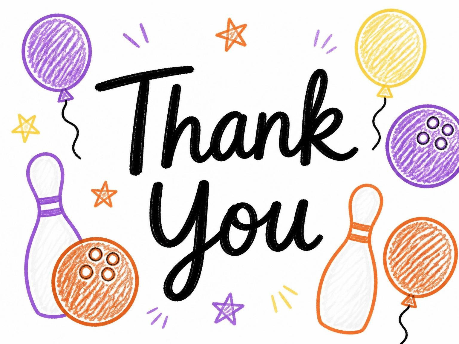 The matching thank-you card for the Crayon Bowling Themed 9th Birthday Invitation invitation