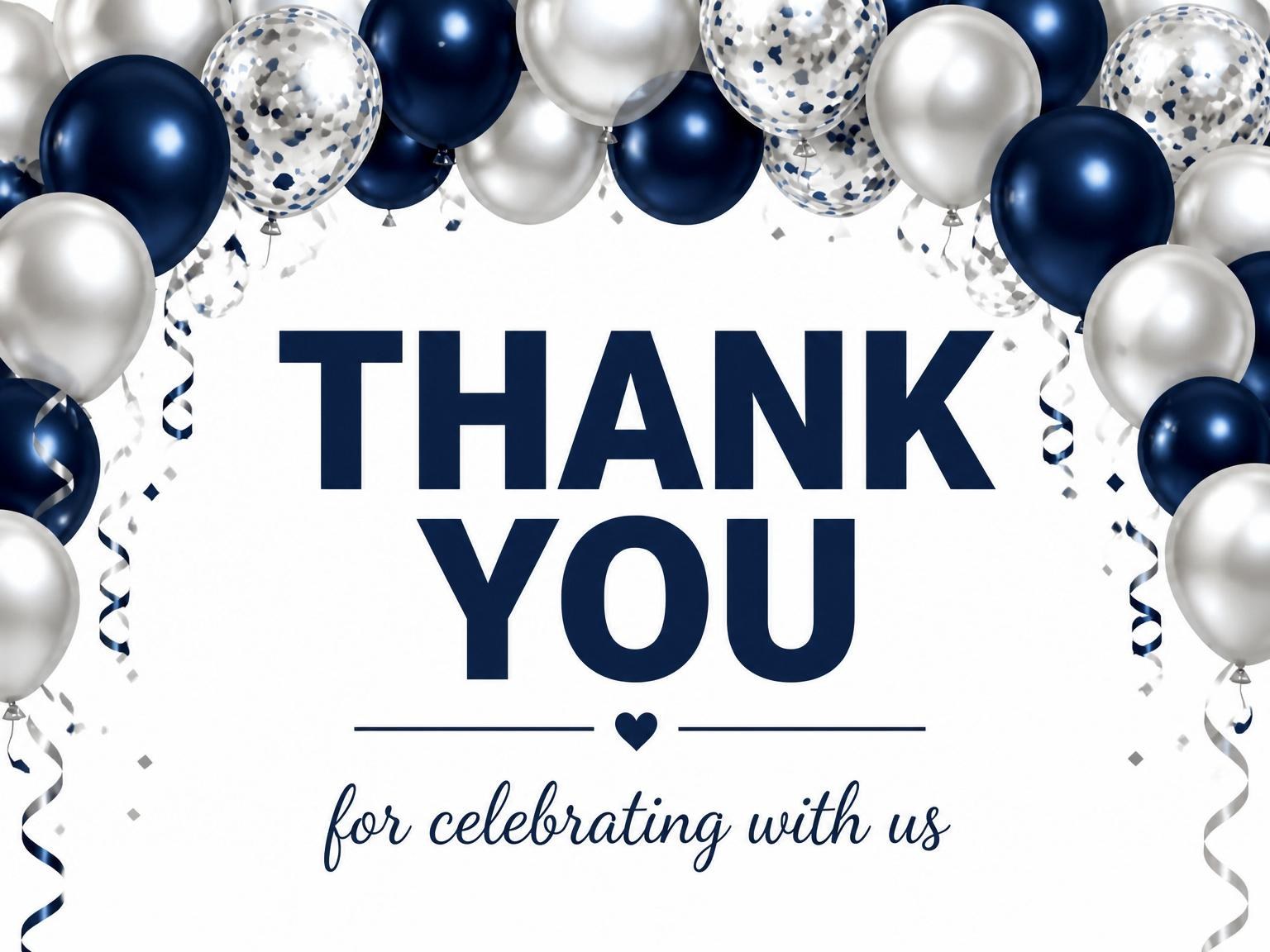 The matching thank-you card for the Navy and Silver Balloon 50th Birthday invitation