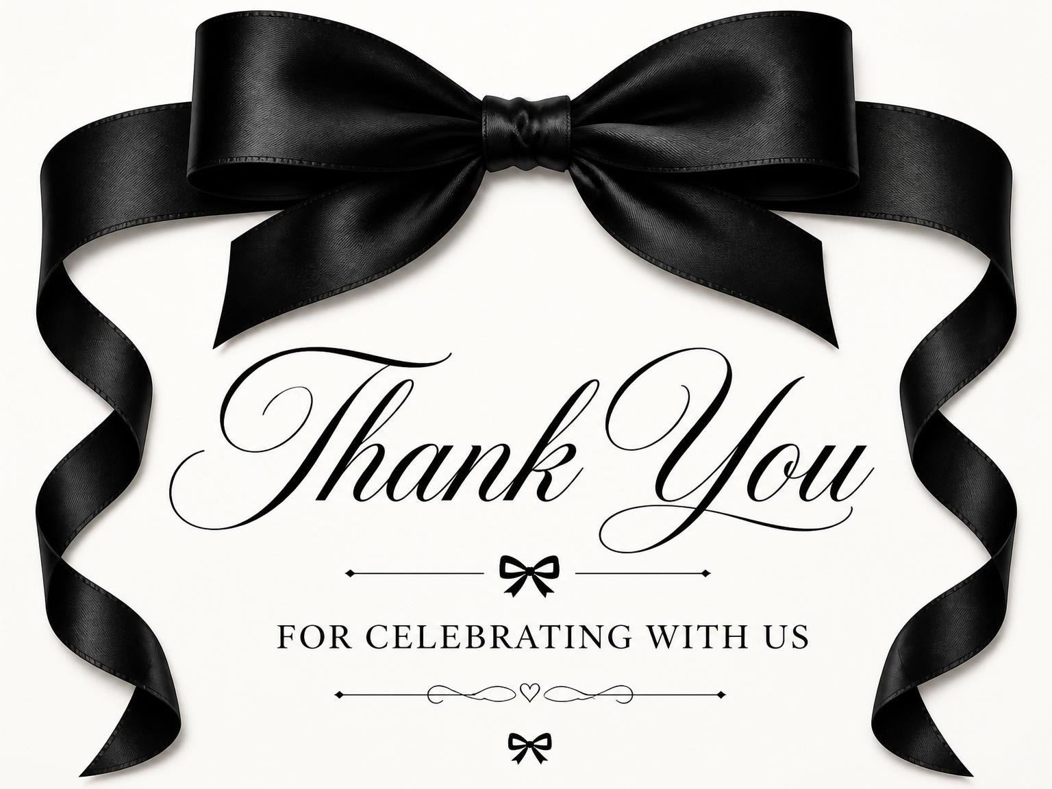 The matching thank-you card for the Black Satin Bow Bridal Shower invitation