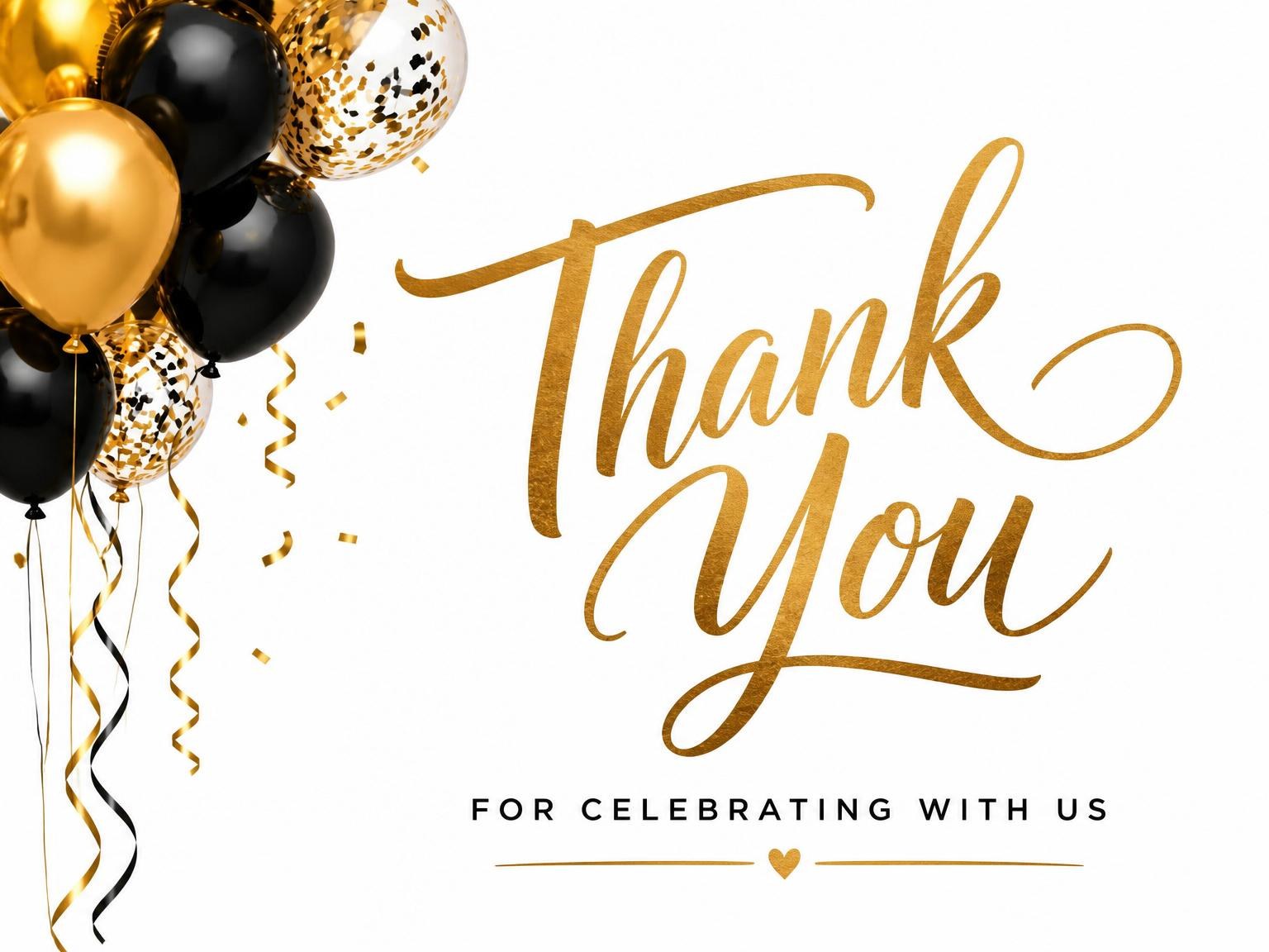 The matching thank-you card for the Gold and Black Balloon 1st Birthday invitation