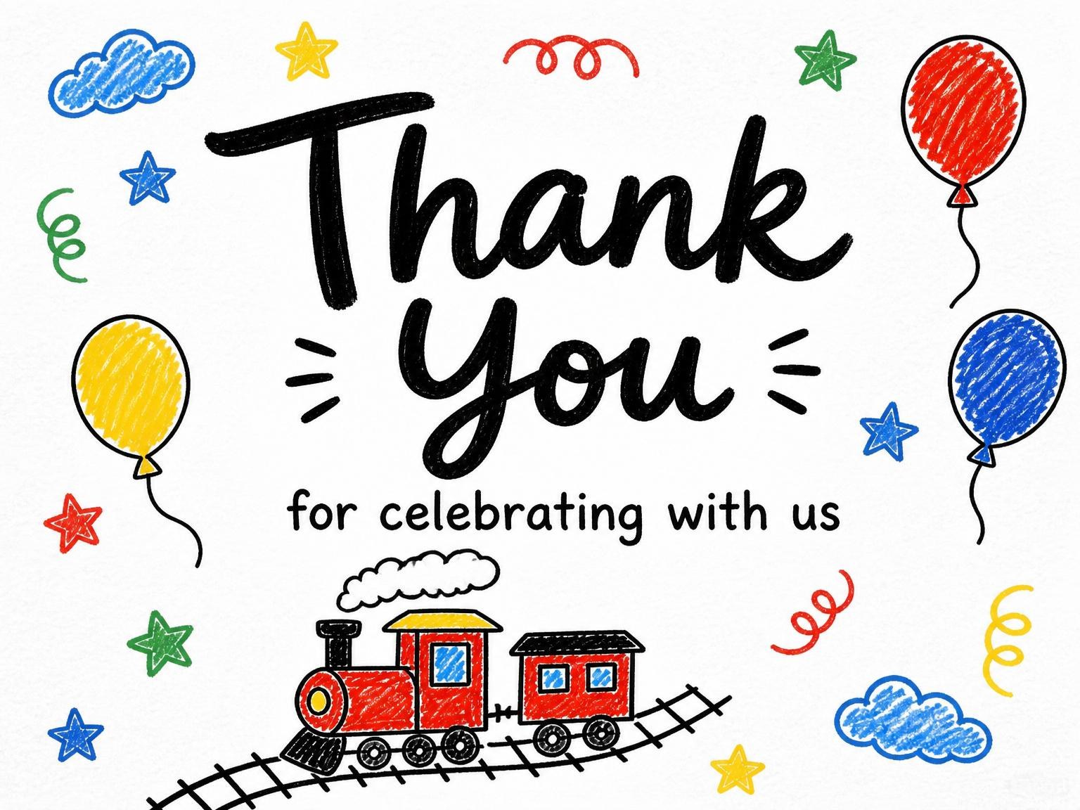 The matching thank-you card for the Crayon Train Motif 2nd Birthday Invitation invitation