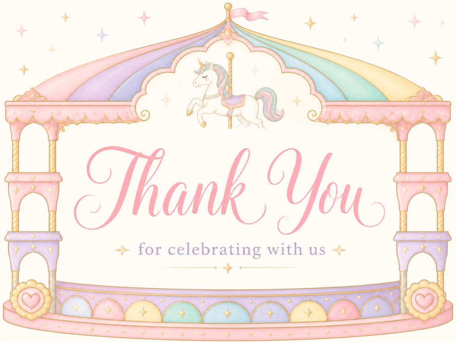 The matching thank-you card for the Pastel Carousel Unicorn 3rd Birthday Invitation invitation