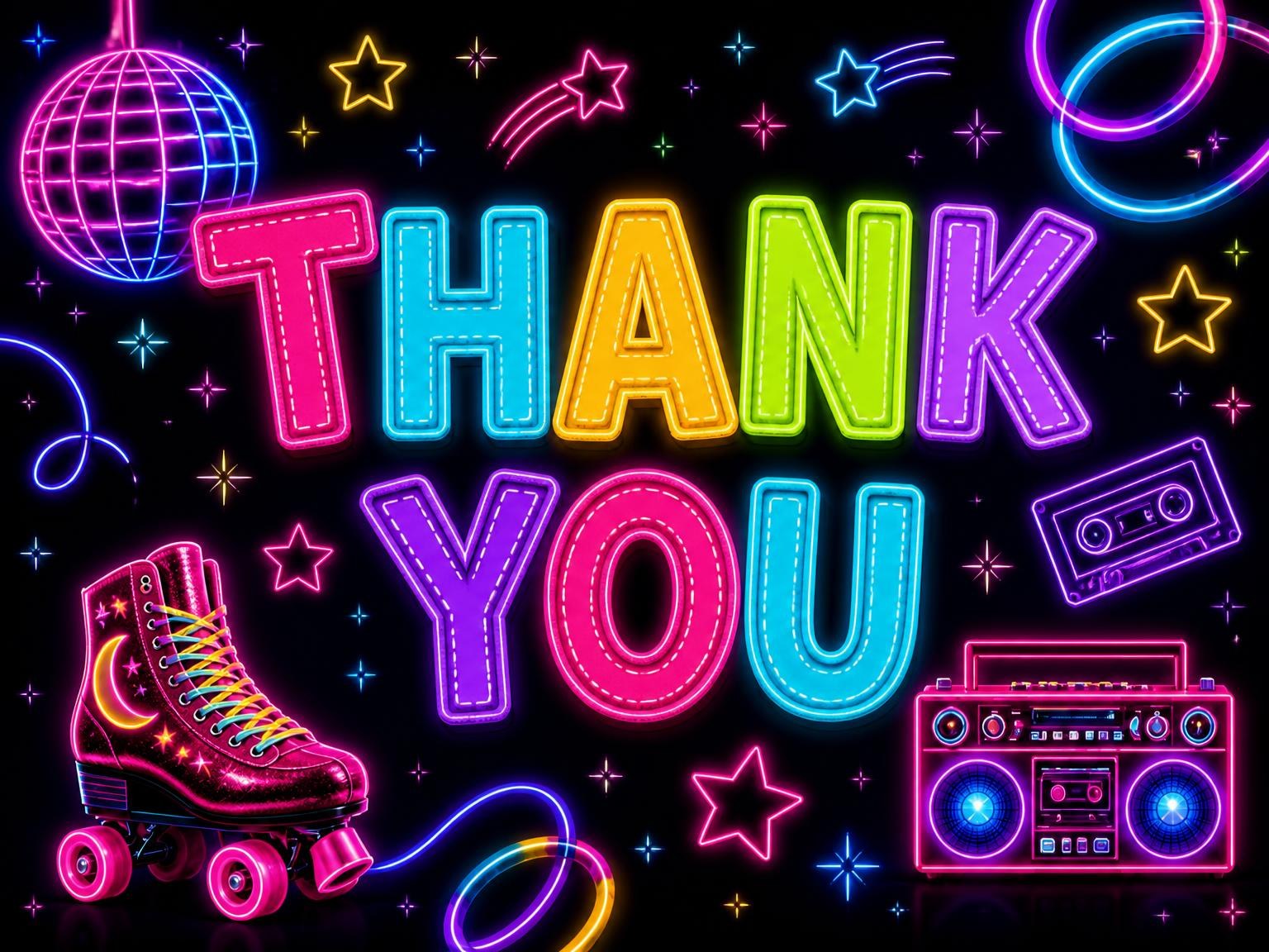 The matching thank-you card for the Neon Roller Disco 8th Birthday Invitation invitation