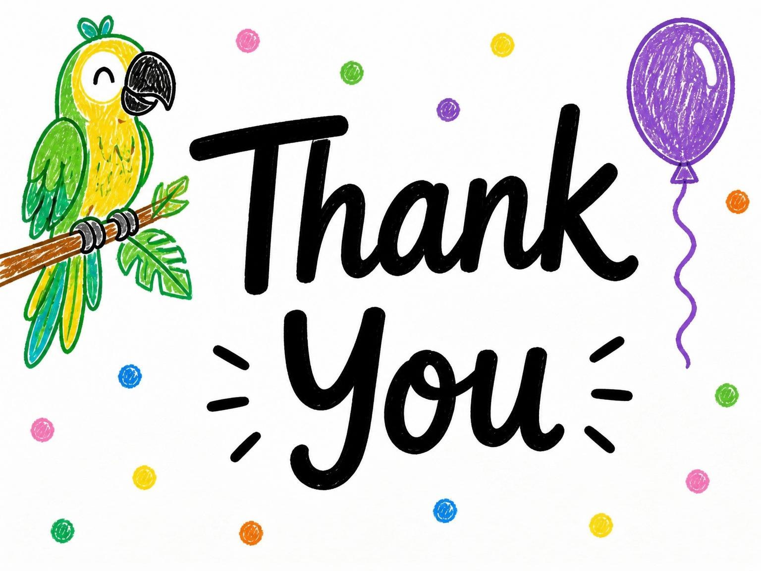 The matching thank-you card for the Crayon Parrot Illustrated 5th Birthday invitation