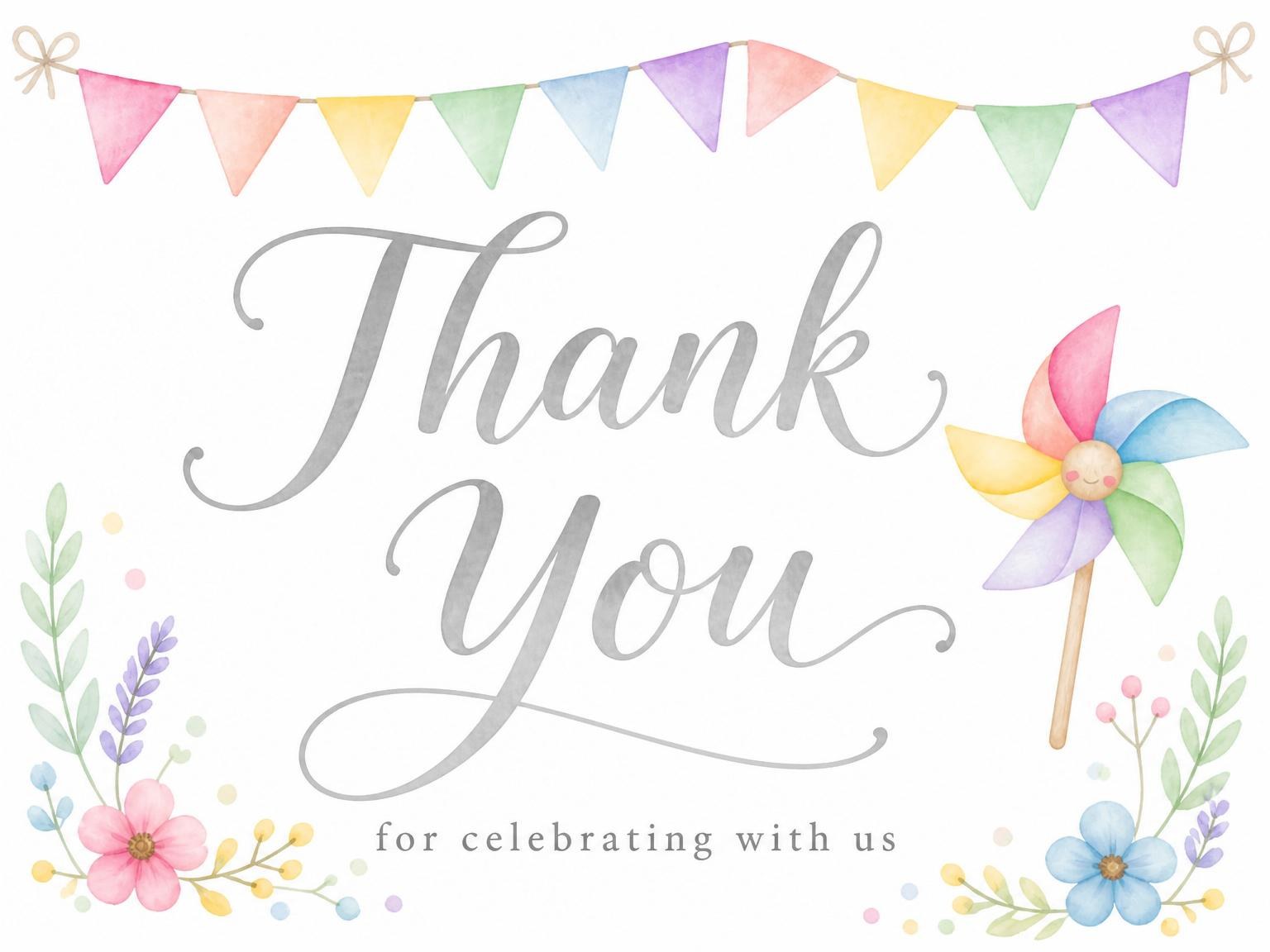 The matching thank-you card for the Pastel Rainbow Pinwheel 7th Birthday invitation
