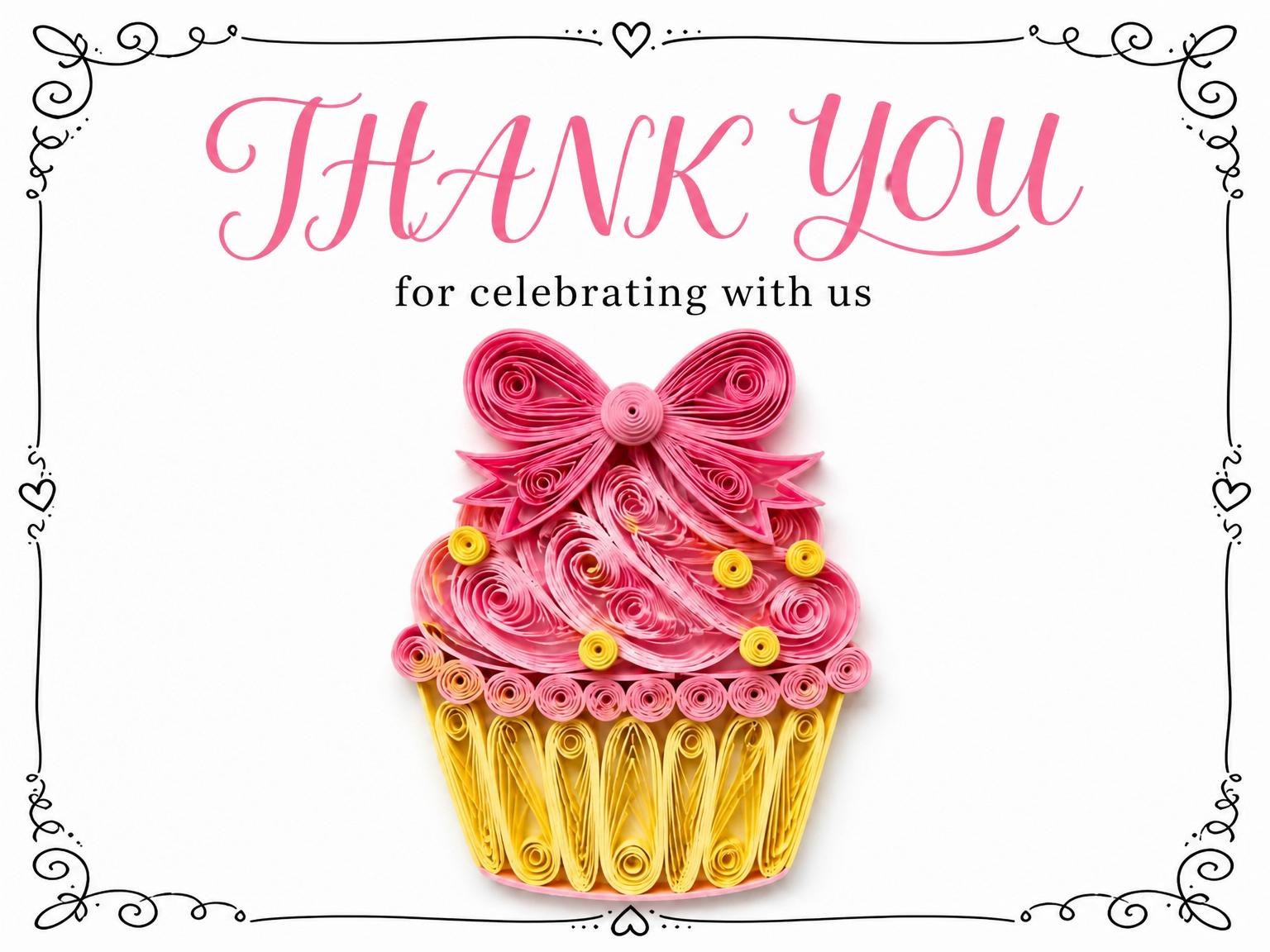 The matching thank-you card for the Pink Paper-Quilling Cupcake 5th Birthday Invitation invitation