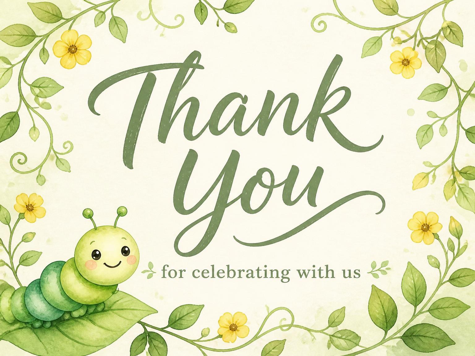 The matching thank-you card for the Watercolor Caterpillar Green 2nd Birthday invitation
