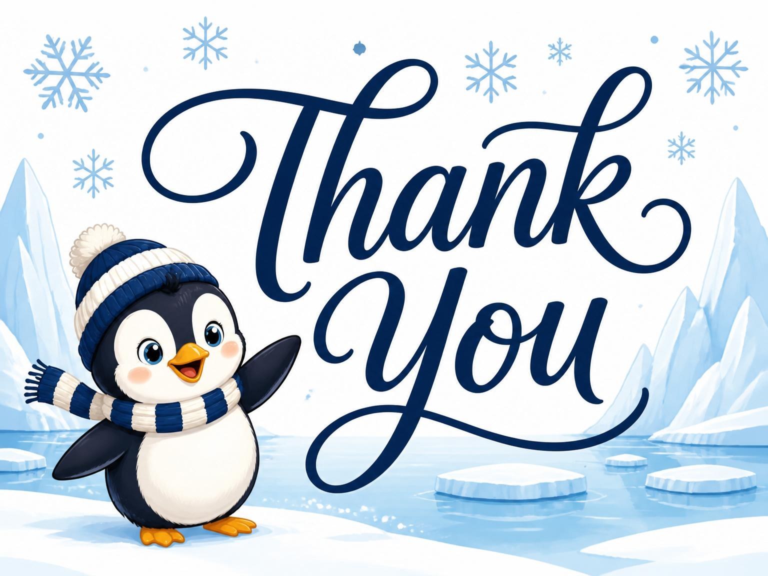 The matching thank-you card for the Blue Penguin Winter 3rd Birthday invitation