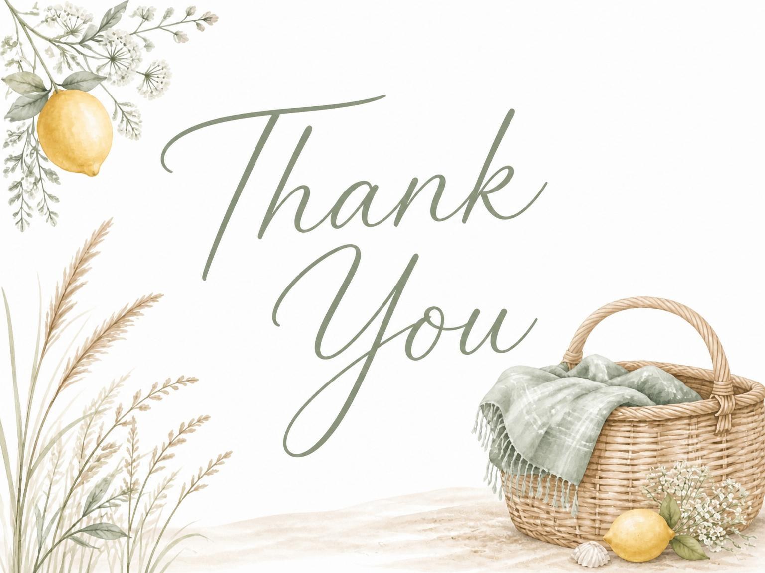 The matching thank-you card for the Watercolor Lemon Picnic Beach Party Invitation invitation