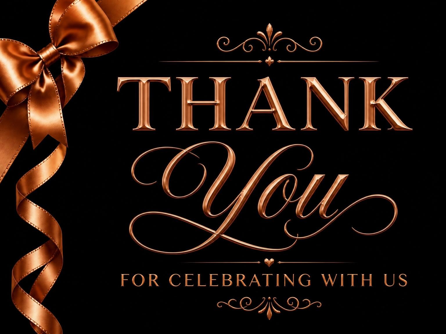 The matching thank-you card for the Copper Ribbon Matte Black Birthday invitation