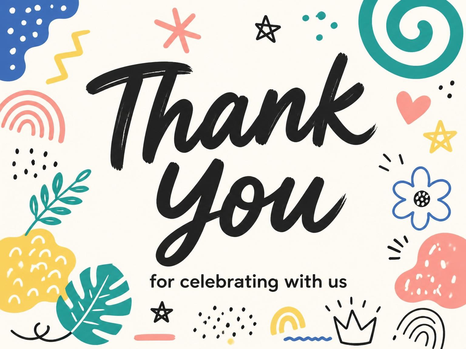 The matching thank-you card for the Doodle Motif Multicolored 3rd Birthday invitation