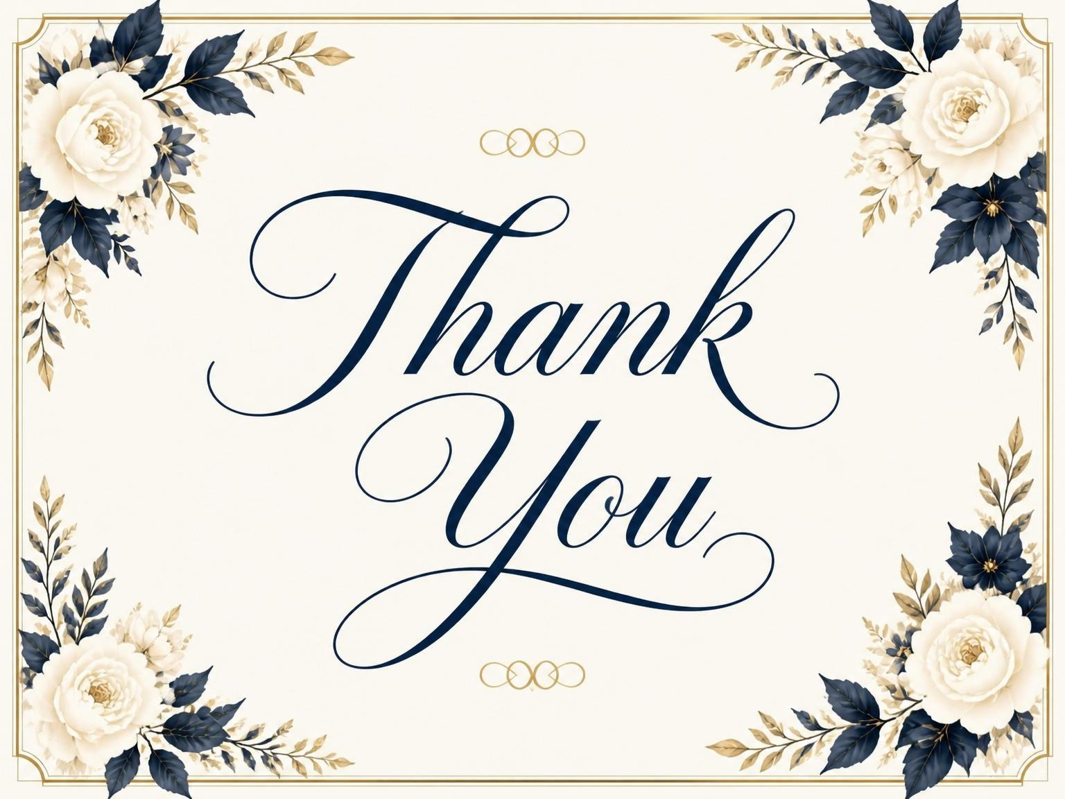 The matching thank-you card for the Navy Floral Gold Border Bridal Shower invitation