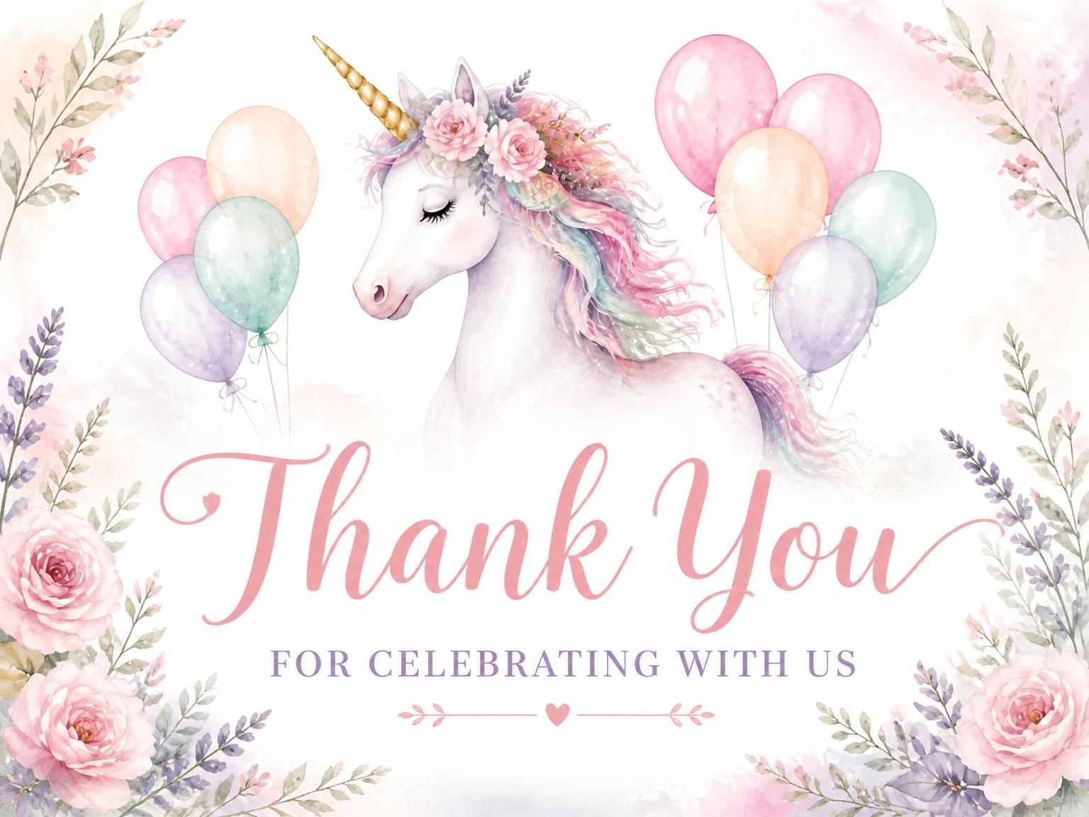 The matching thank-you card for the Unicorn and Balloon 5th Birthday Invitation invitation