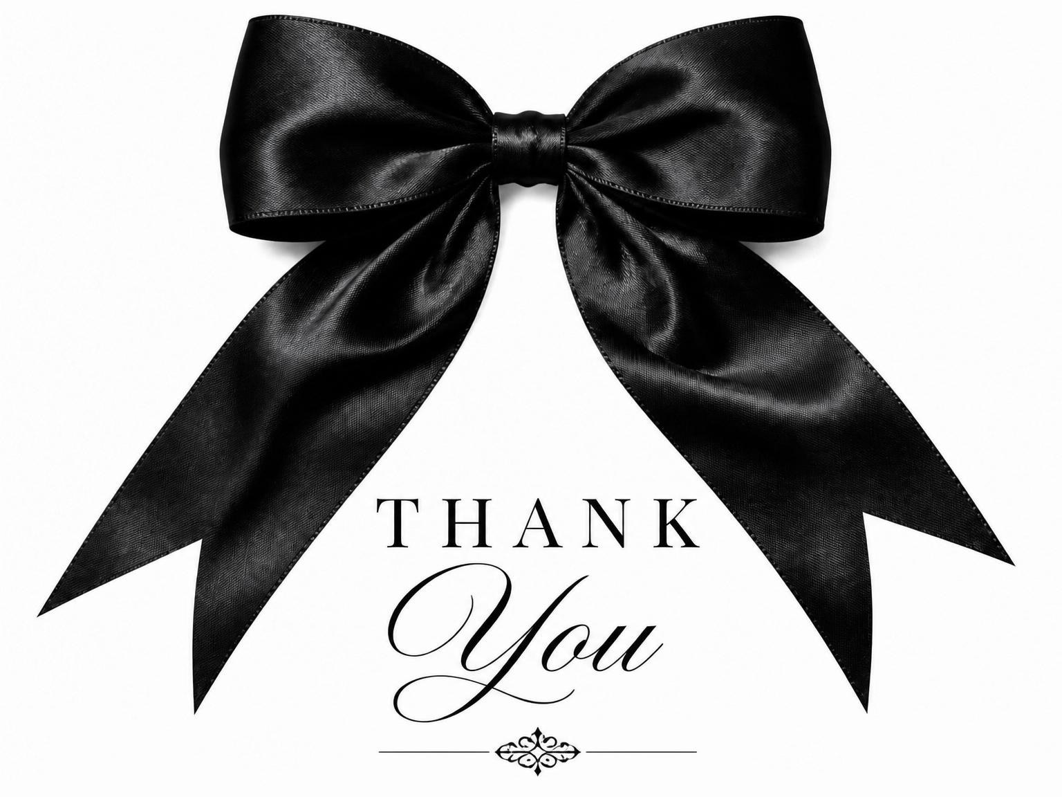 The matching thank-you card for the Black Satin Bow Bridal Shower invitation