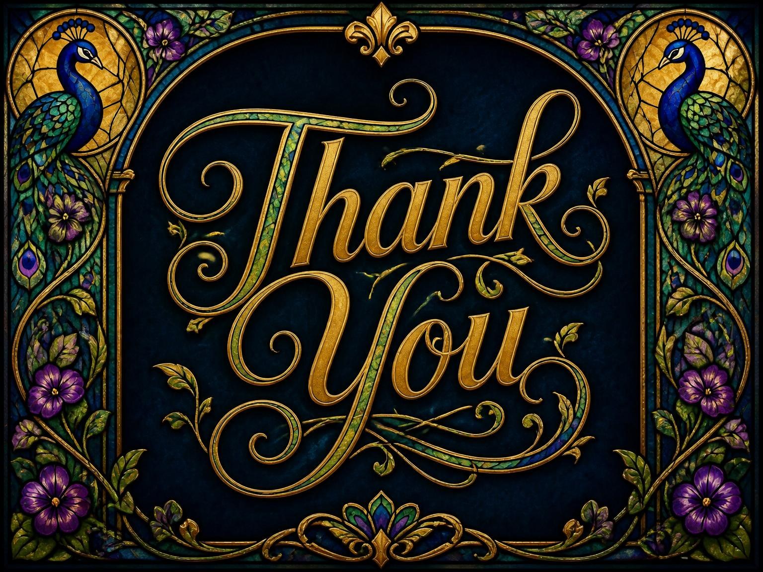 The matching thank-you card for the Navy Stained Glass Peacock 4th Birthday invitation
