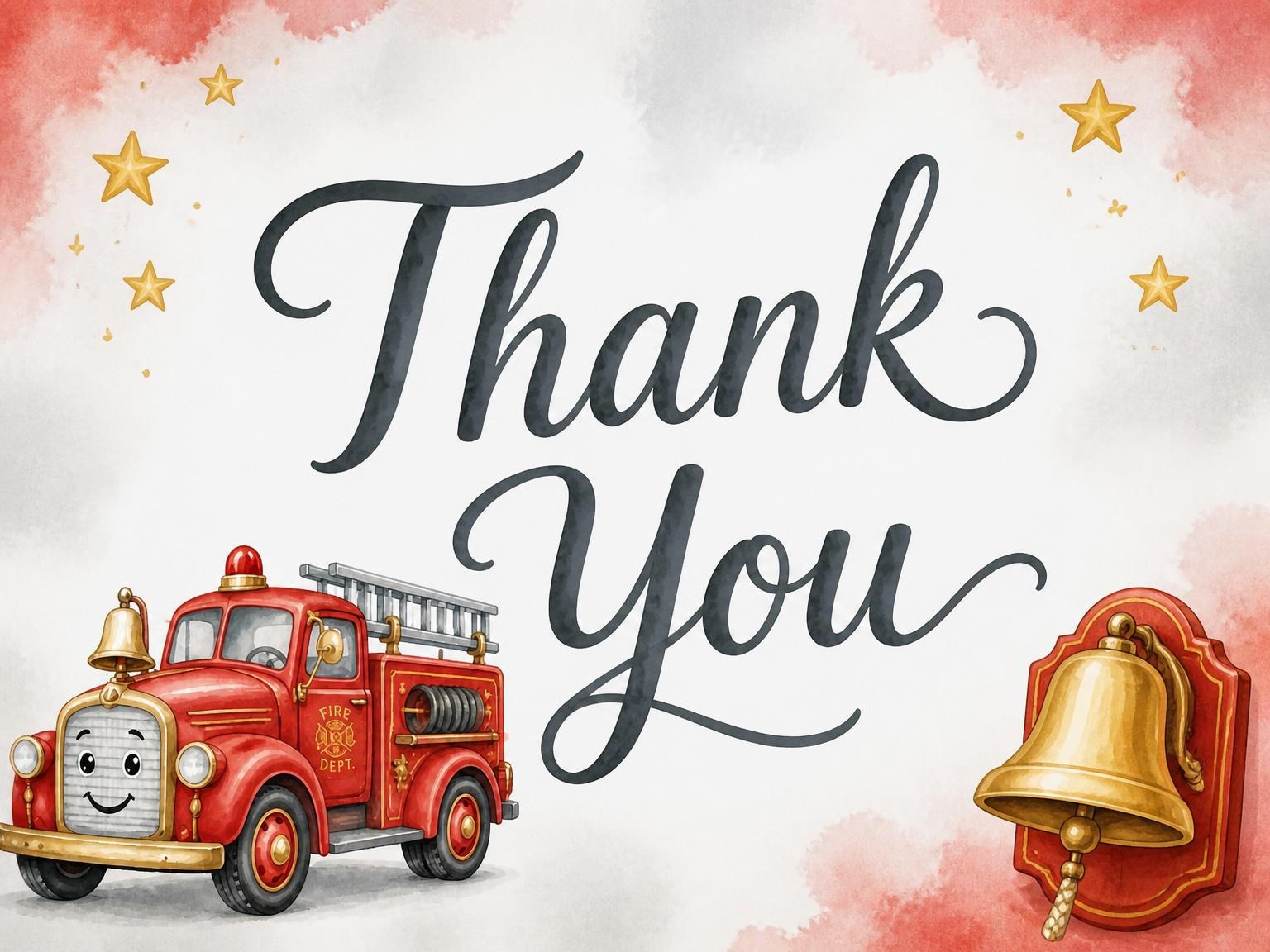 The matching thank-you card for the Watercolor Fire Truck 2nd Birthday invitation