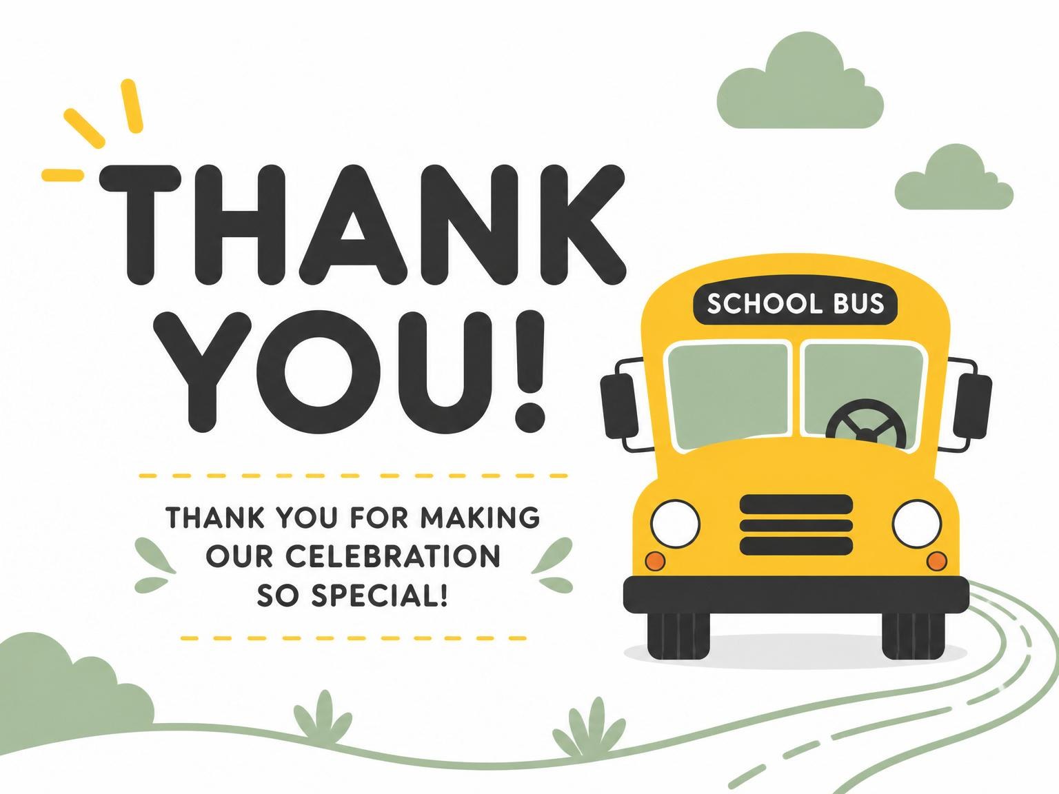 The matching thank-you card for the Sage and Yellow School Bus 1st Birthday invitation