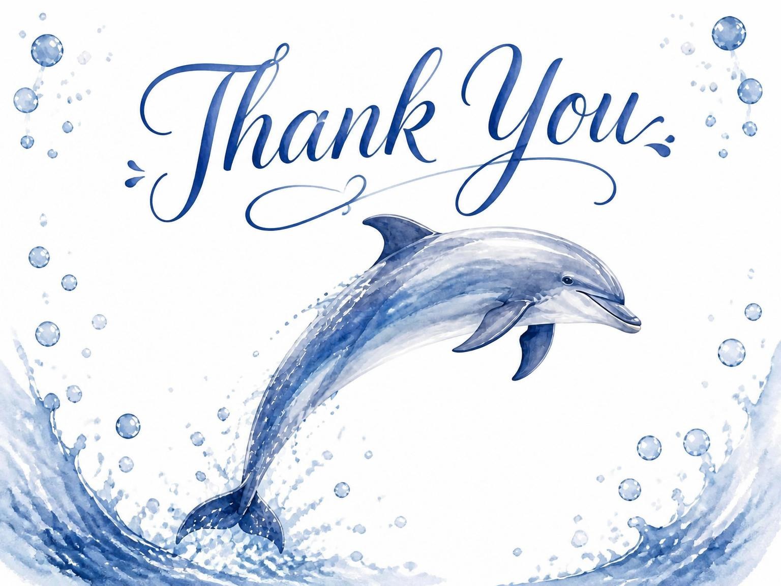 The matching thank-you card for the Watercolor Dolphin Leaping 6th Birthday invitation