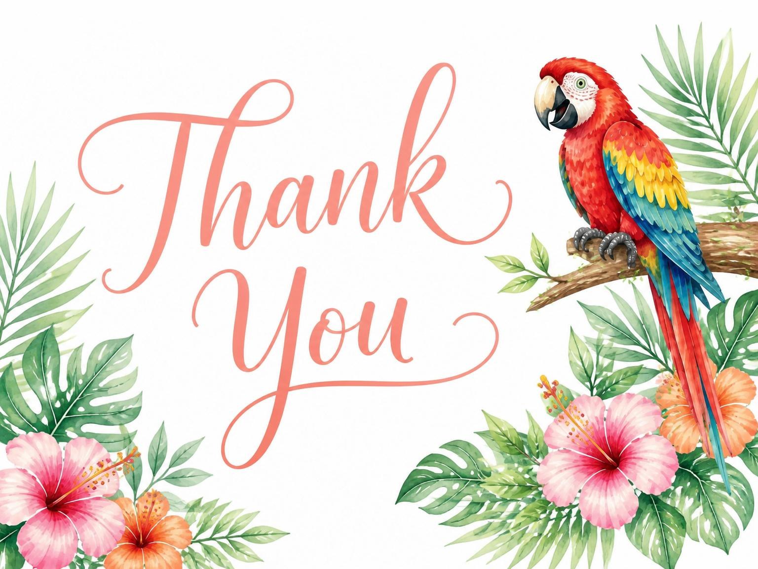 The matching thank-you card for the Watercolor Parrot Hibiscus 4th Birthday Invitation invitation