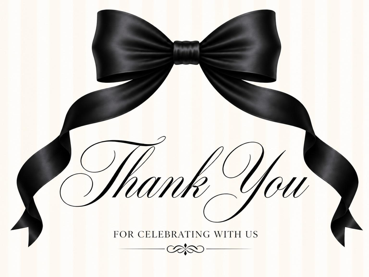 The matching thank-you card for the Cream Pinstripe Black Bow Bridal Shower invitation