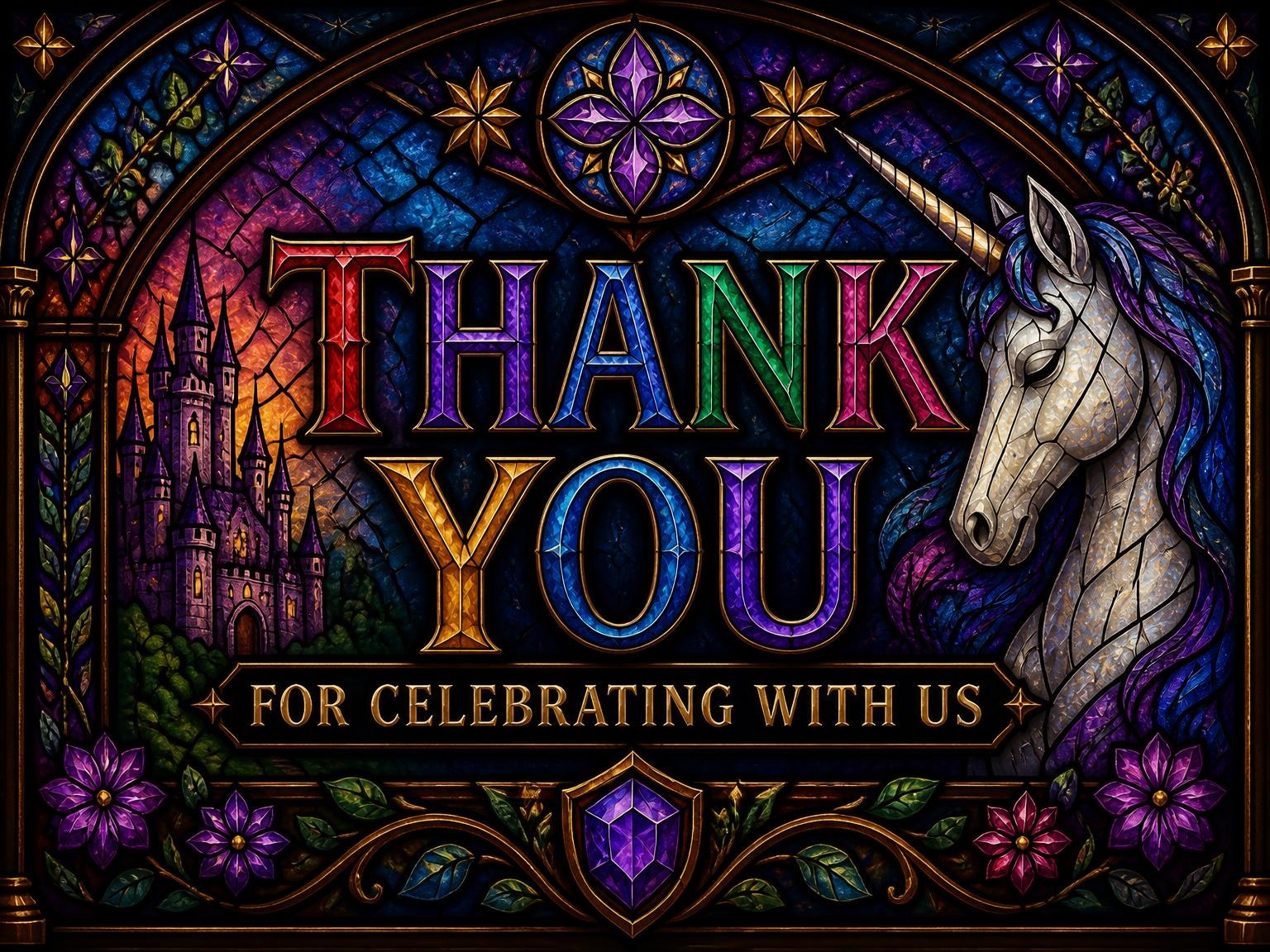 The matching thank-you card for the Stained Glass Unicorn Princess 5th Birthday Invitation invitation