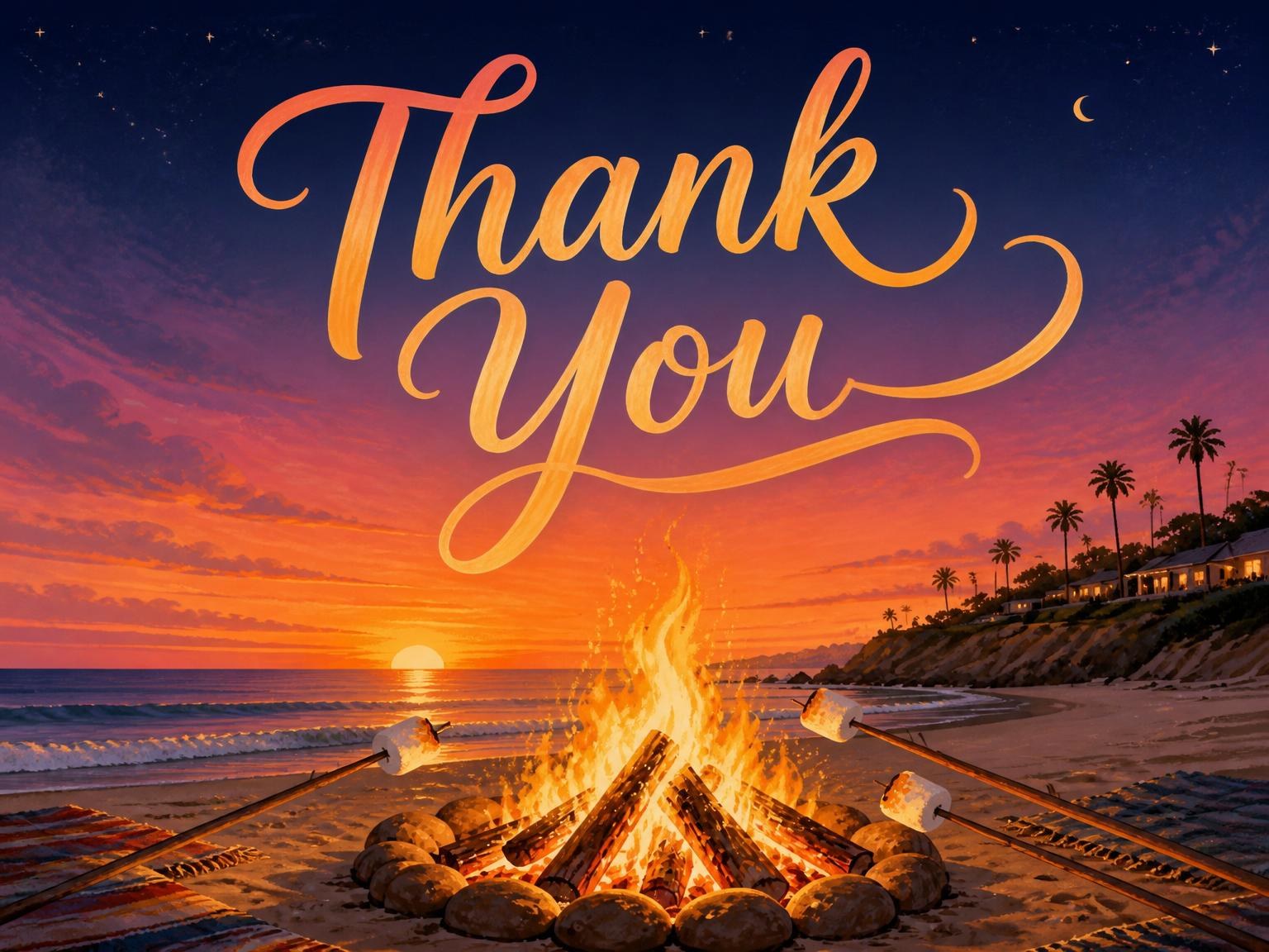 The matching thank-you card for the Sunset Beach Bonfire Party Invitation invitation