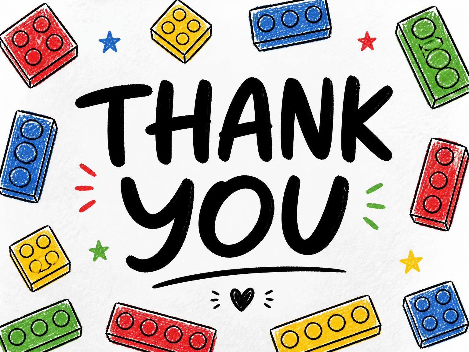 The matching thank-you card for the Crayon Sketch Brick 5th Birthday invitation