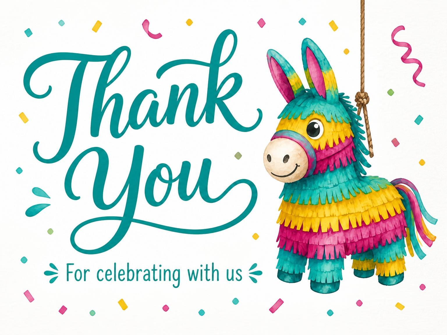 The matching thank-you card for the Watercolor Piñata 9th Birthday Invite invitation