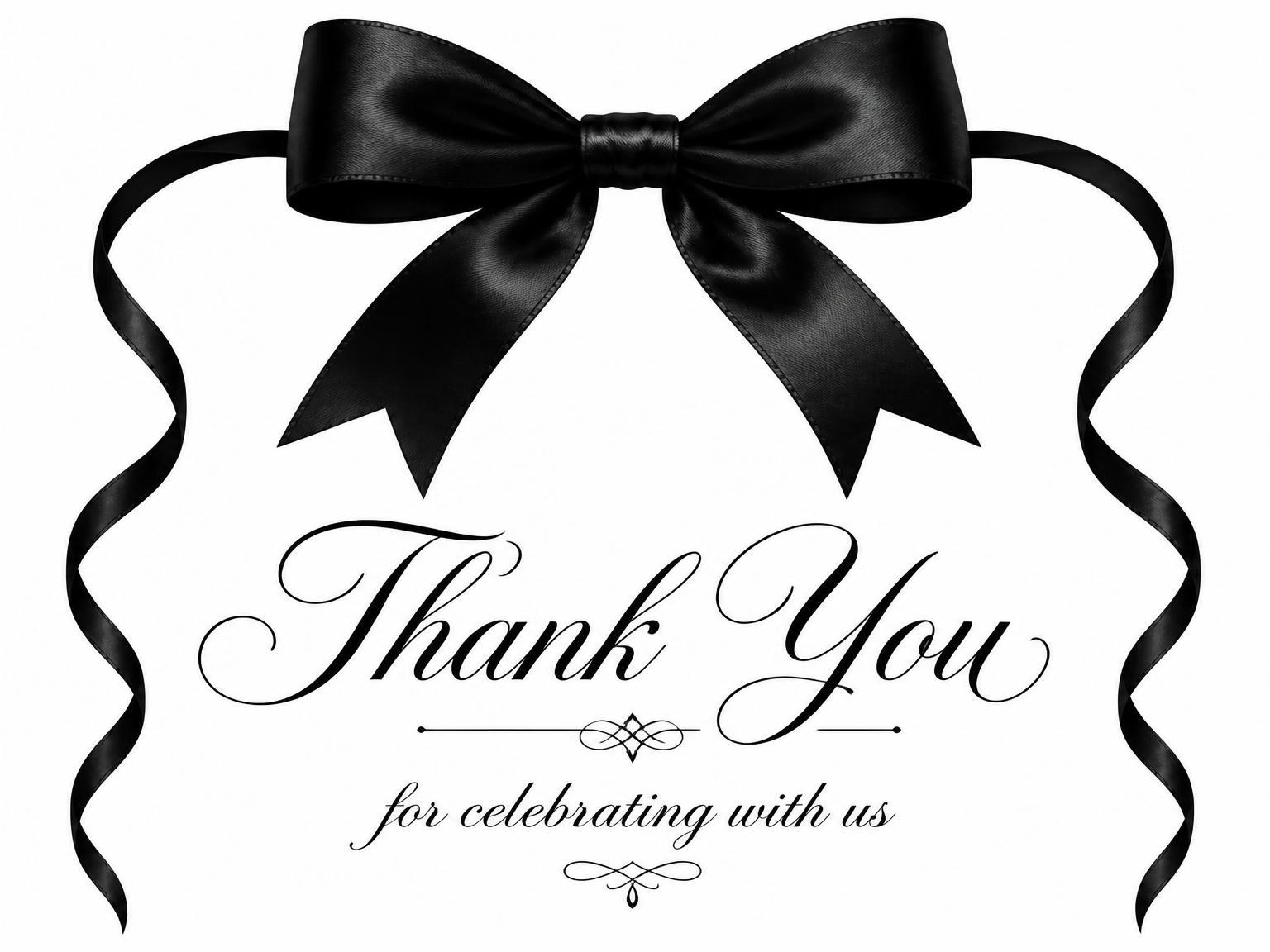 The matching thank-you card for the Black Satin Bow Bridal Shower invitation