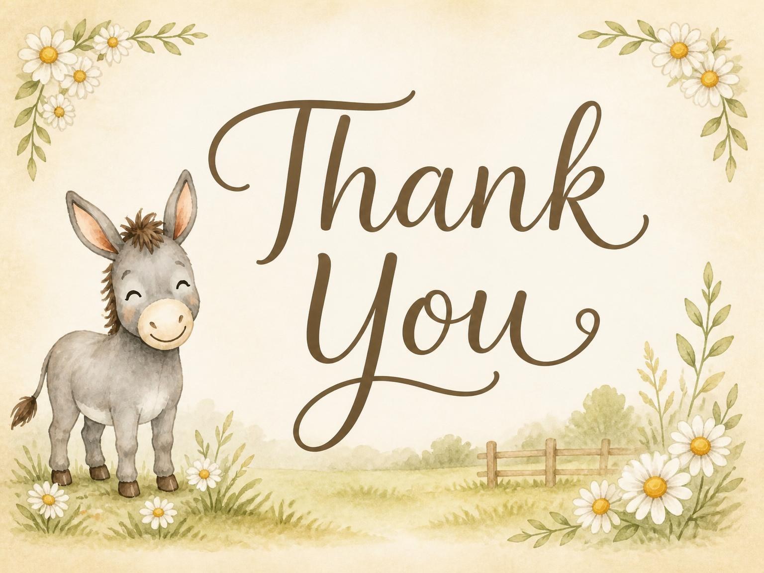The matching thank-you card for the Watercolor Donkey Daisy 3rd Birthday invitation