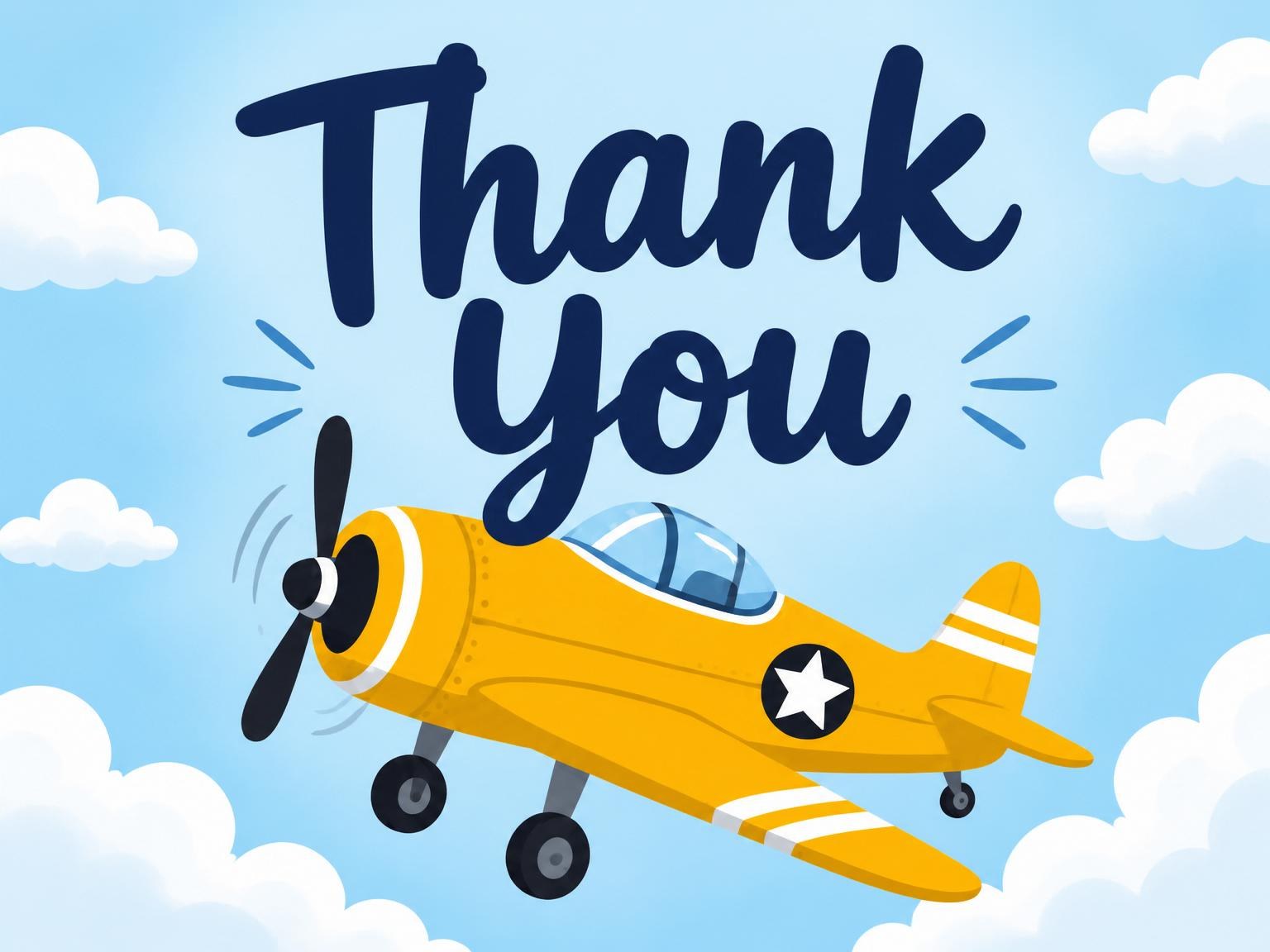 The matching thank-you card for the Yellow Airplane Sky 3rd Birthday Invitation invitation