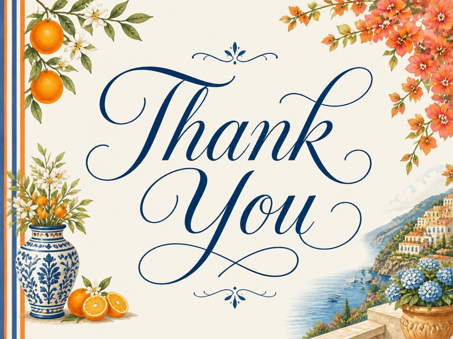 The matching thank-you card for the Watercolor Citrus Amalfi Coast Bridal Shower invitation