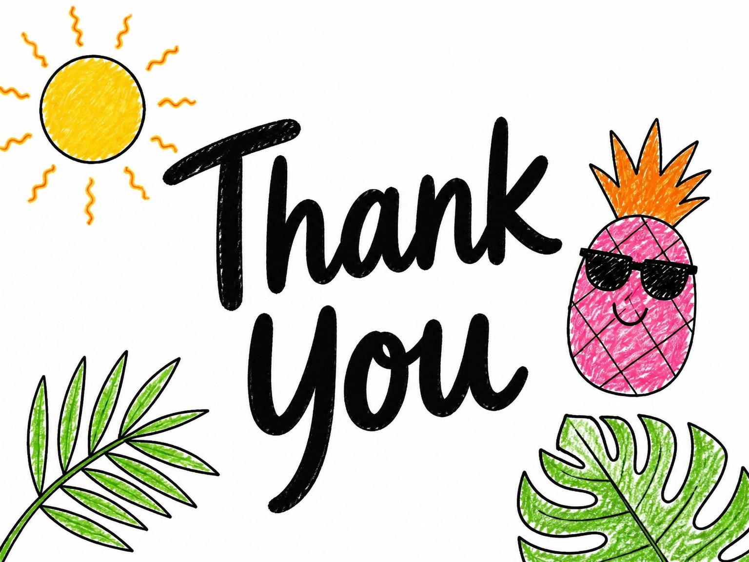 The matching thank-you card for the Crayon Tropical Pineapple Fruit 4th Birthday invitation