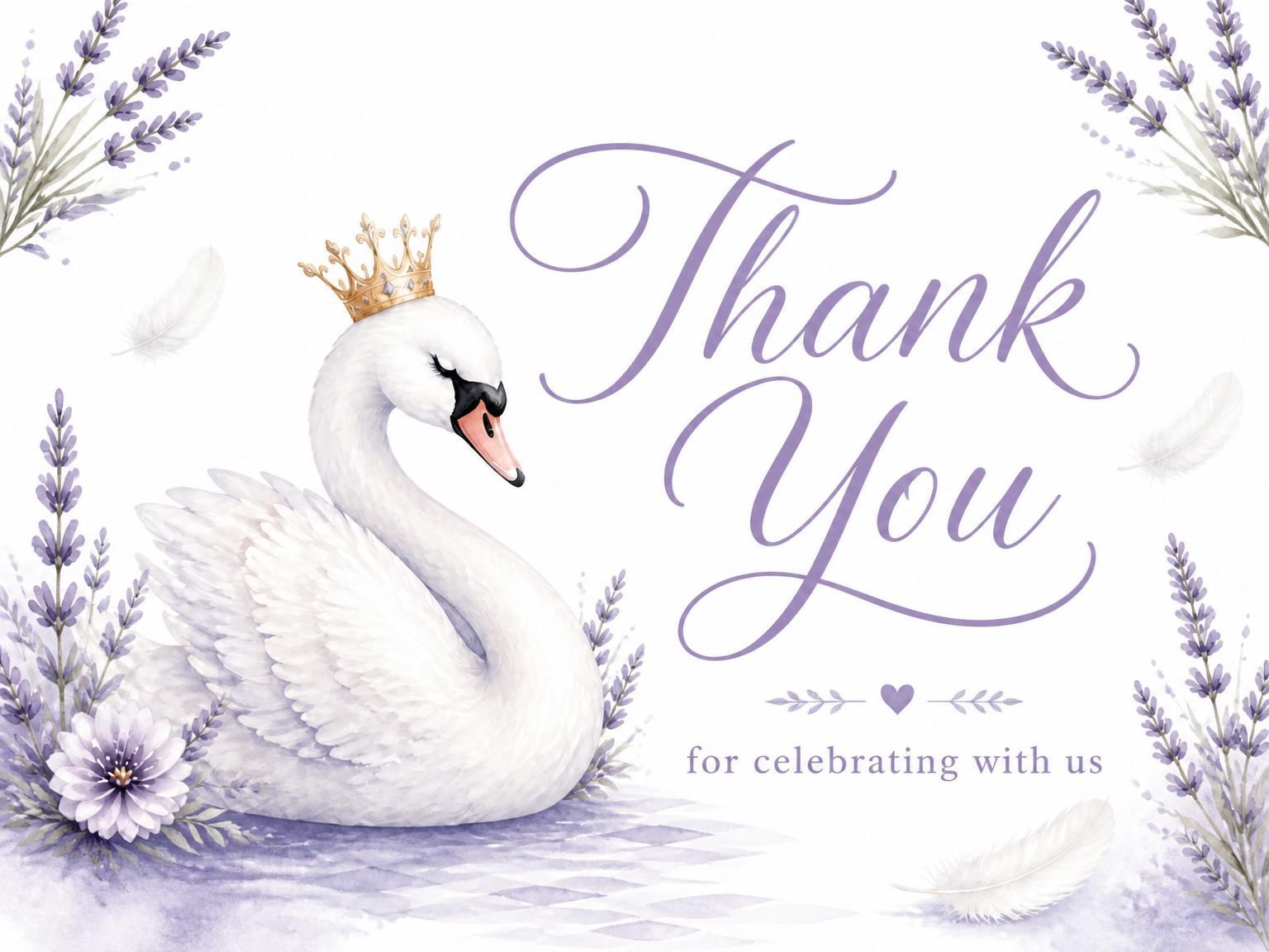 The matching thank-you card for the Lavender Swan Watercolor 3rd Birthday invitation