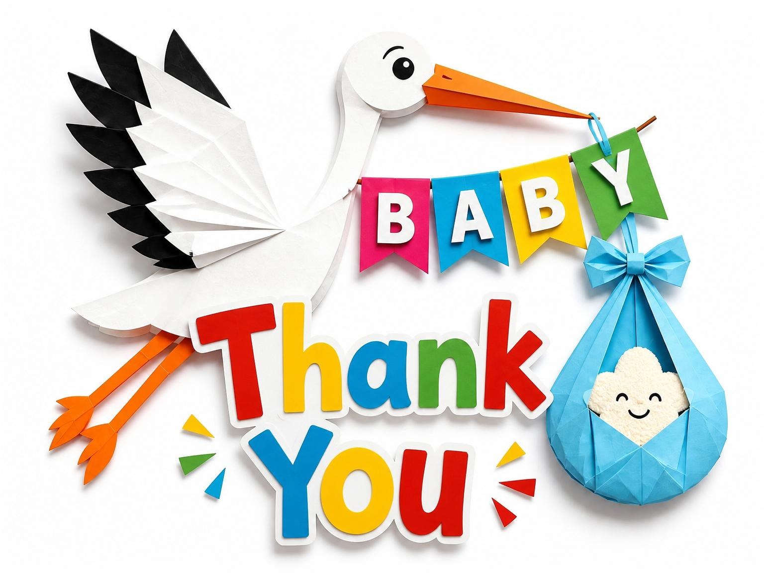 The matching thank-you card for the Paper-Cut Stork Multi-Color Baby Shower invitation