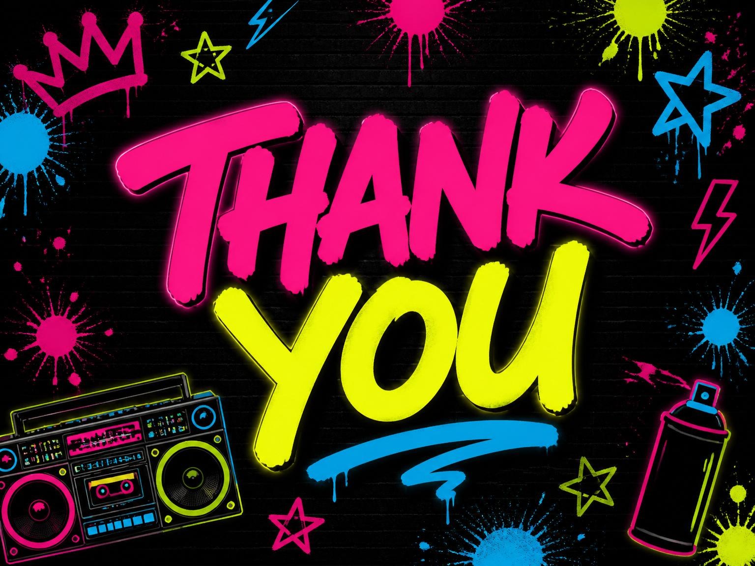 The matching thank-you card for the Neon Graffiti Boombox 13th Birthday Invitation invitation