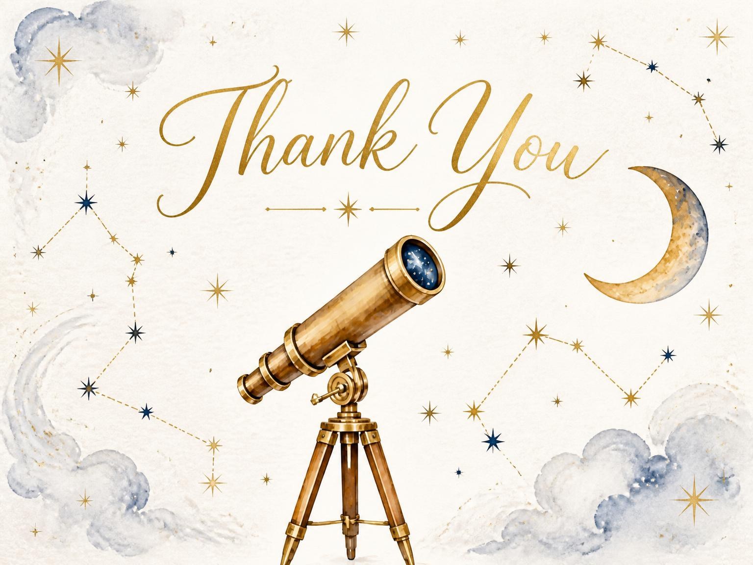 The matching thank-you card for the Watercolor Telescope Celestial 3rd Birthday invitation
