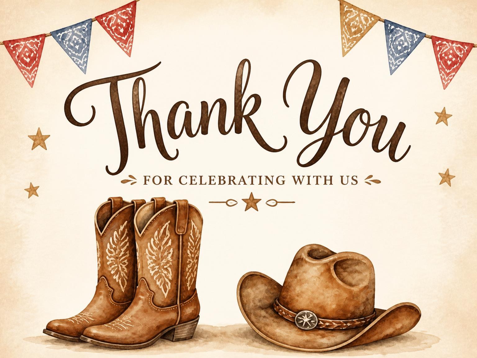 The matching thank-you card for the Watercolor Plaid Cowboy 1st Birthday invitation
