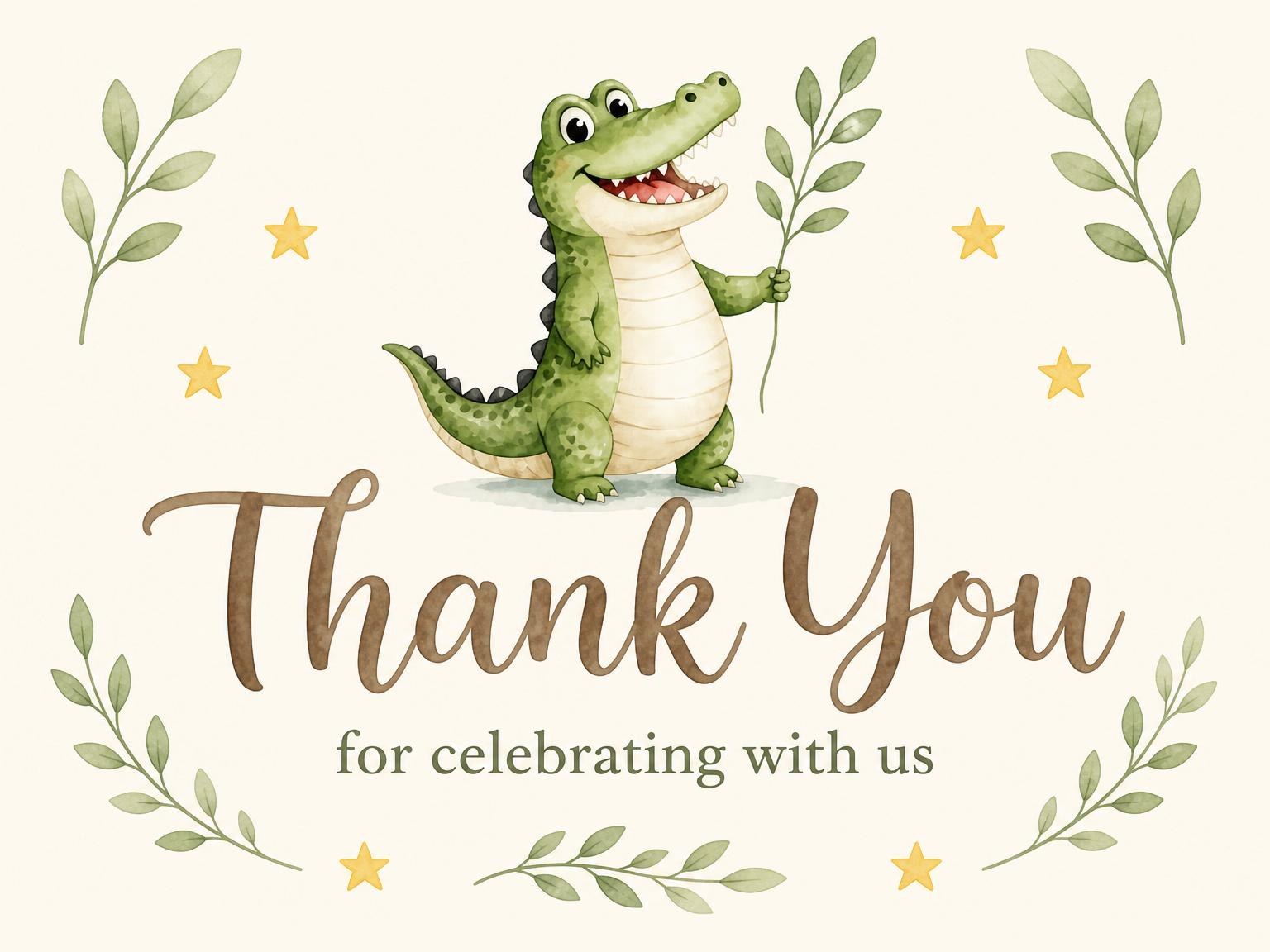 The matching thank-you card for the Watercolor Crocodile Balloon 3rd Birthday invitation